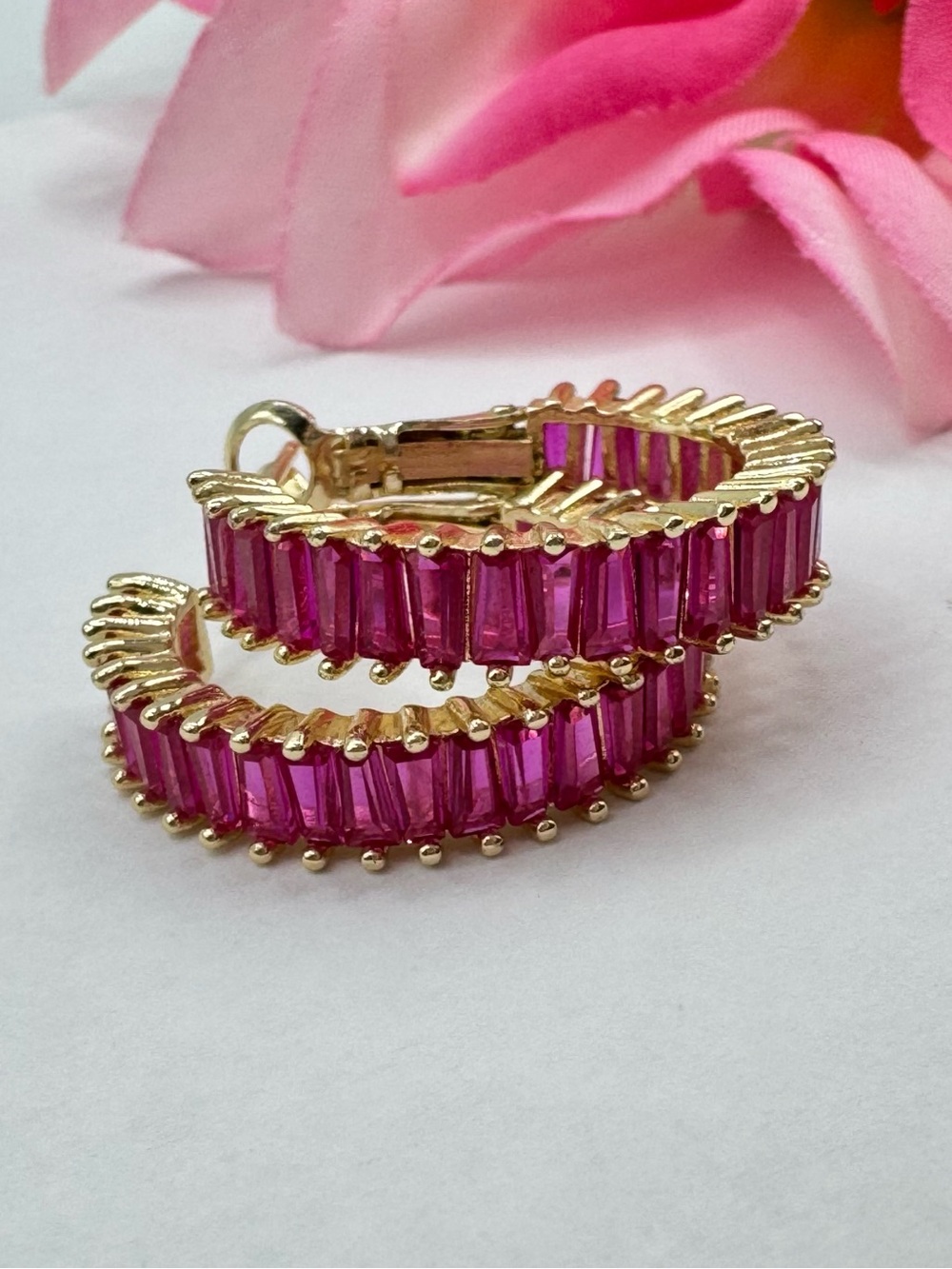 Hot Pink Ruby Hoop Earrings Channel Set Gold Tone Glow In UV Light Holiday Gift